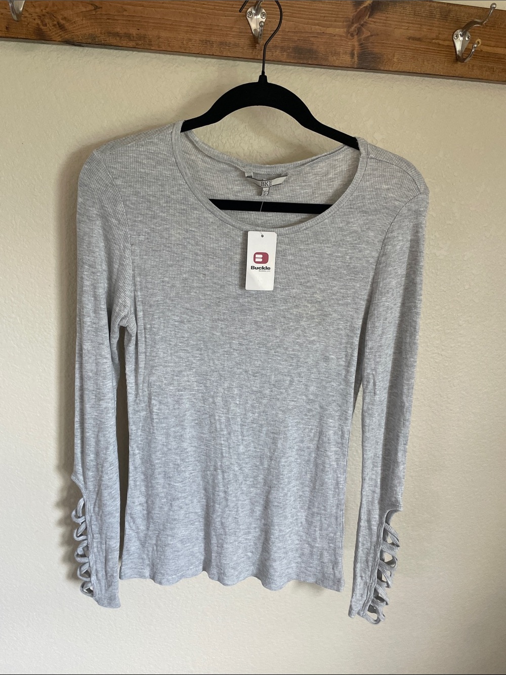 NWT BKE Light Gray Ribbed Long-Sleeve Scoop Neck Top S Sleeve Lace-Up Grunge
